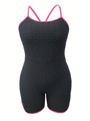  Sports Cami Romper Women's Plus Contrast Trim Honeycomb Textured Lace