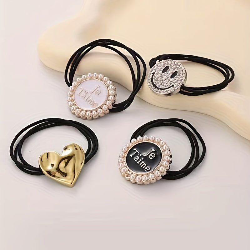 Faux Pearl Hair Tie Rhinestone Charm Ponytail Holder Elastic Hair Accessories
