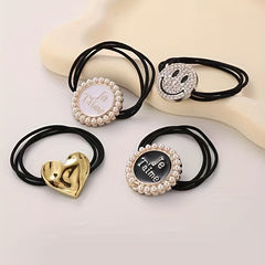 Faux Pearl Hair Tie Rhinestone Charm Ponytail Holder Elastic Hair Accessories
