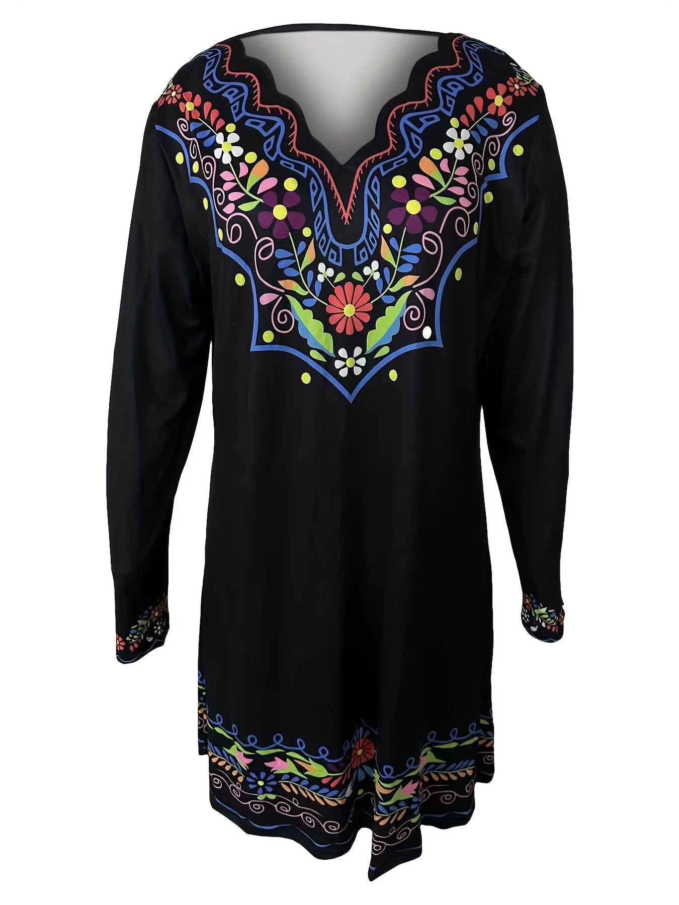  Floral Print Long Sleeve V-Neck Dress