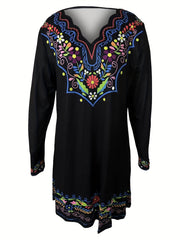  Floral Print Long Sleeve V-Neck Dress