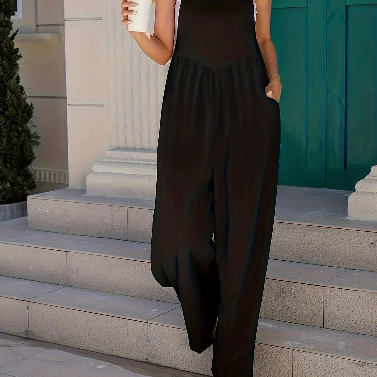  Solid Button Wide Leg Overalls With Pockets