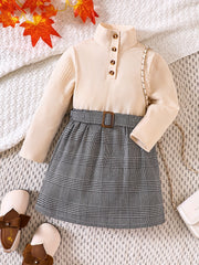 Girl's Ribbed Turtleneck Top & Plaid Belted Skirt Set Casual Outfits