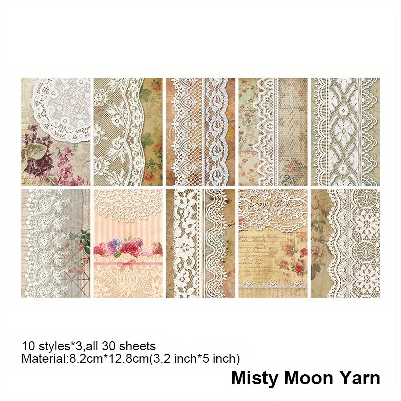 30 Pcs Vintage Lace Scrapbooking Supplies Journaling Paper DIY Junk Planner