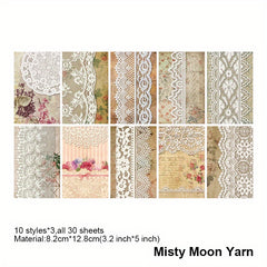 30 Pcs Vintage Lace Scrapbooking Supplies Journaling Paper DIY Junk Planner