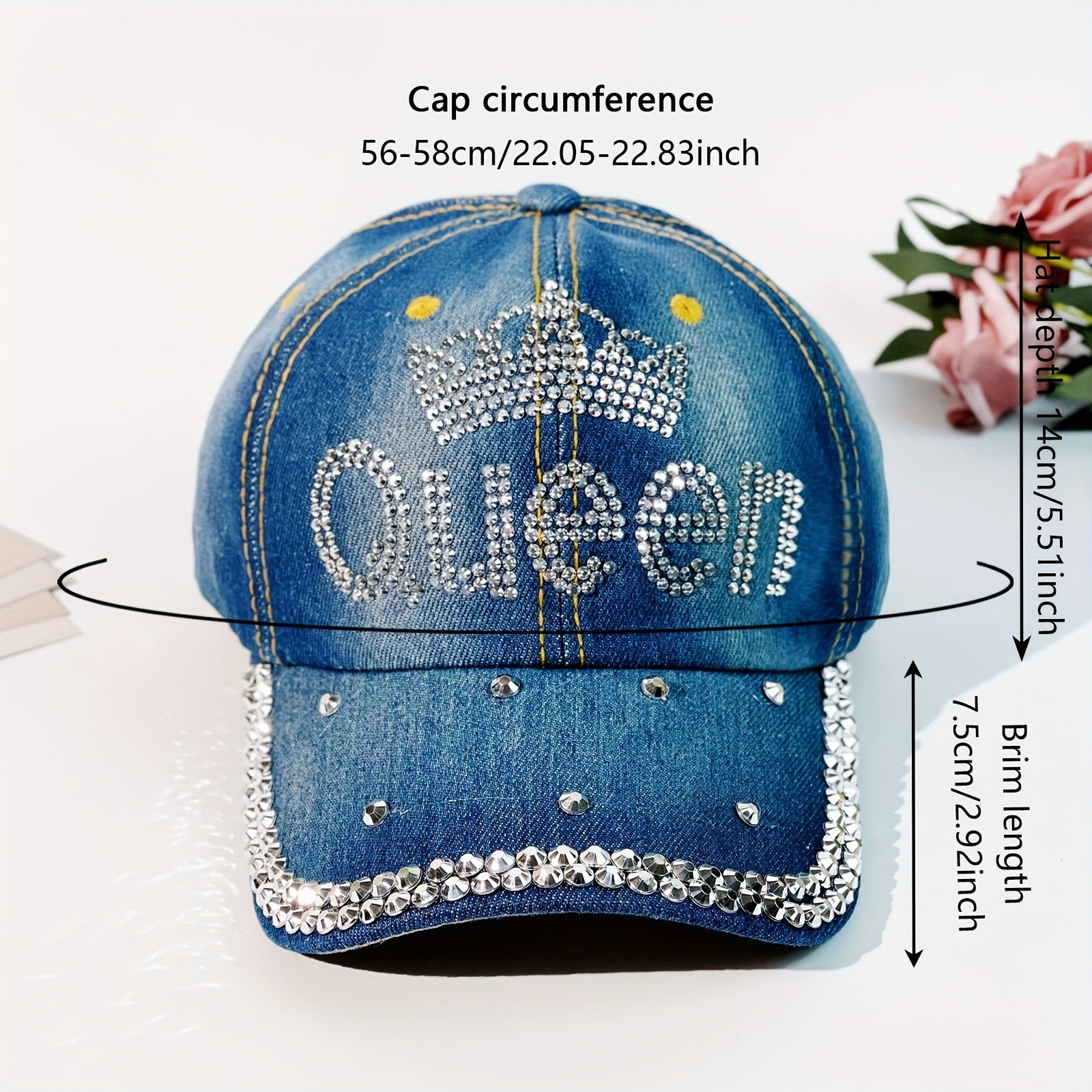 Rhinestone QUEEN Crown Baseball Cap Washed Distressed Sunshade Dad Hat