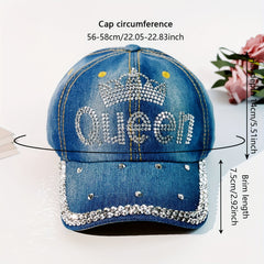 Rhinestone QUEEN Crown Baseball Cap Washed Distressed Sunshade Dad Hat