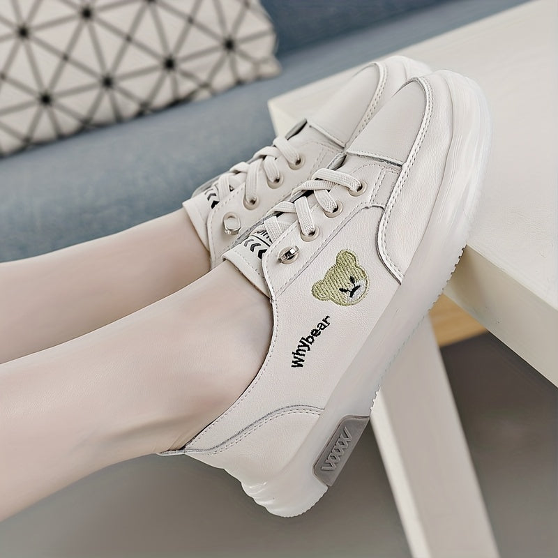 Women's Bear Pattern Flat Sneakers Lace Up Low Top Shoes