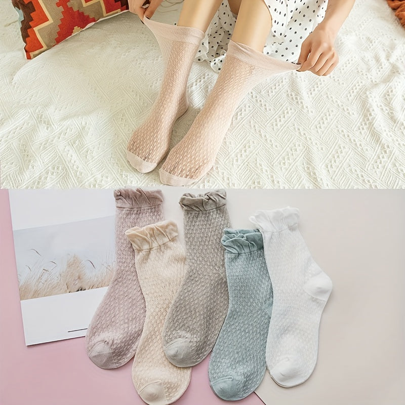 5 Pairs Ruffle Polka Dot Socks - Comfy & Breathable Women's Mid Tube Stockings