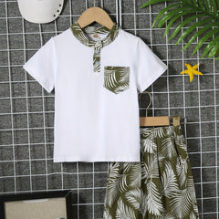 Boys Leaves Print Polo Shirt & Shorts Set Kids Summer Clothes
