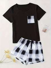 Plaid Pajama Set Short Sleeve Top & Bow Shorts