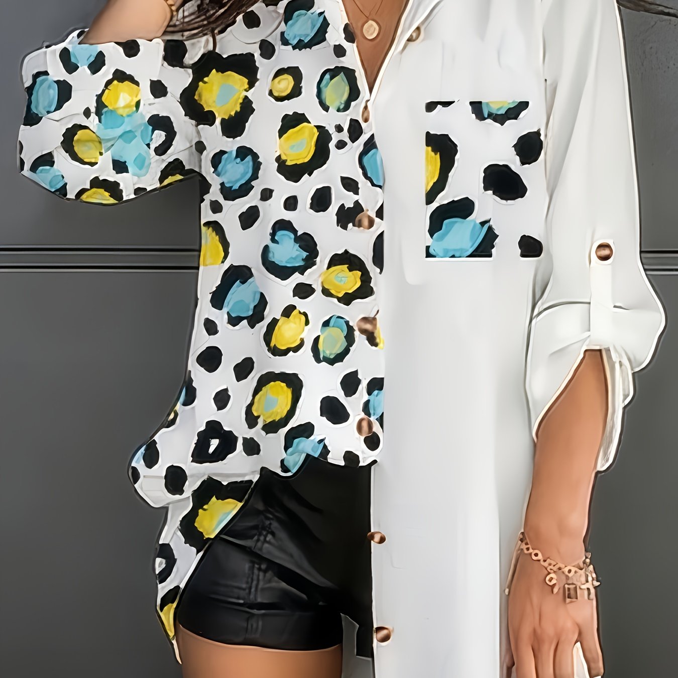  Colorblock Leopard Print Button Up Tunic Shirt
