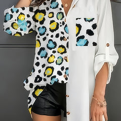  Colorblock Leopard Print Button Up Tunic Shirt