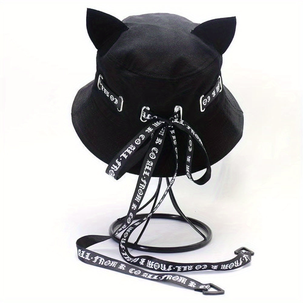 Gothic Cat Ear Bucket Hat Foldable Basin Hats Adjustable Sunscreen Fisherman Cap