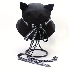 Gothic Cat Ear Bucket Hat Foldable Basin Hats Adjustable Sunscreen Fisherman Cap