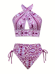 Criss Cross Halter Neck Bikini Set Backless Tie Side High Cut 2PC Swimsuit