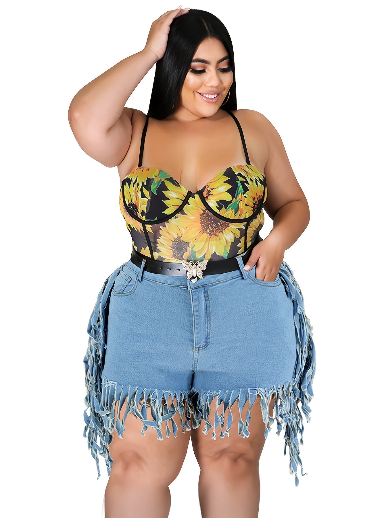  Fringe Trim Denim Shorts Women's Plus Medium Stretch Jean Shorts