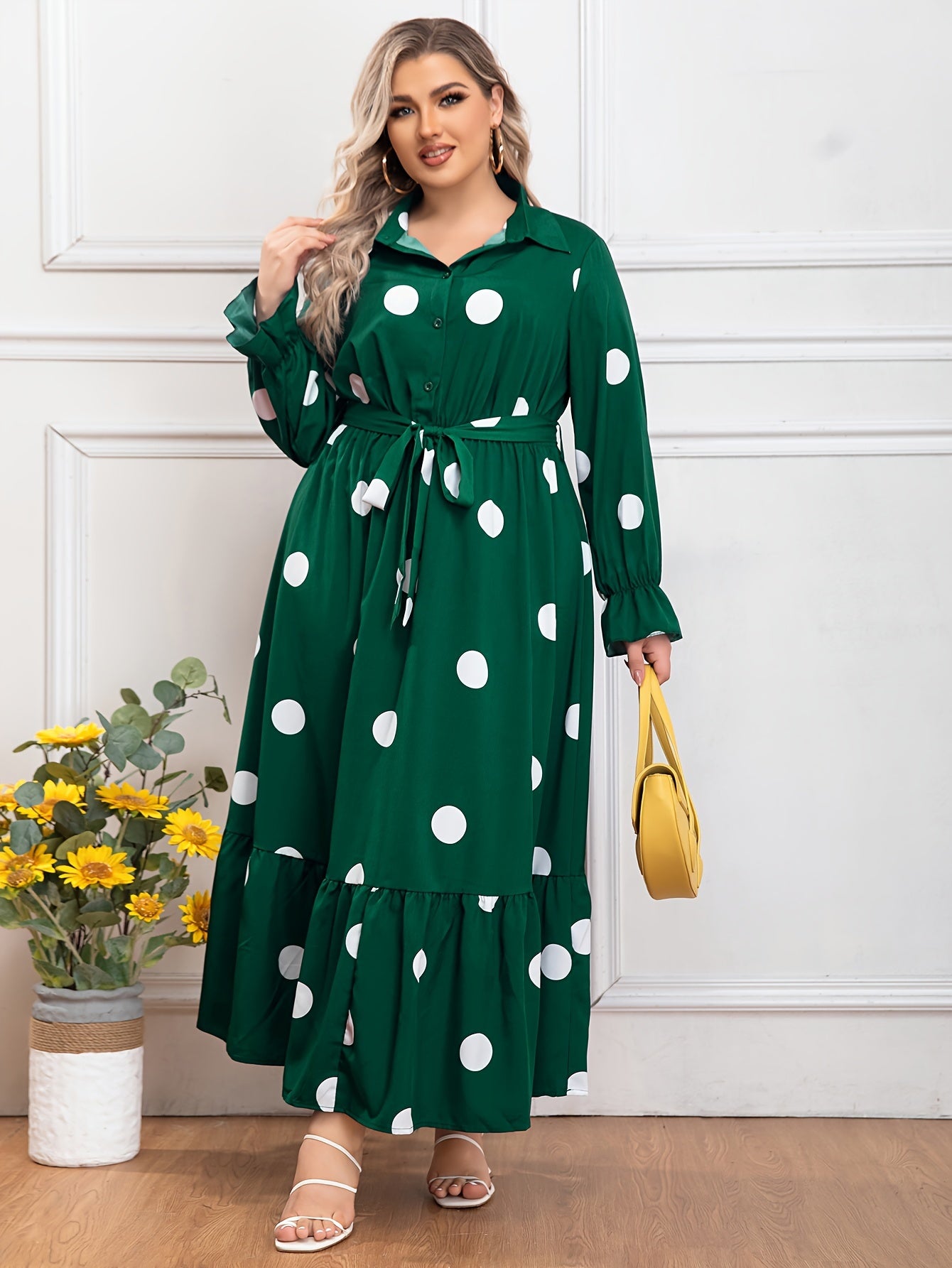  Dot Print Long Sleeve Maxi Shirt Dress
