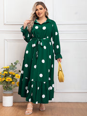  Dot Print Long Sleeve Maxi Shirt Dress