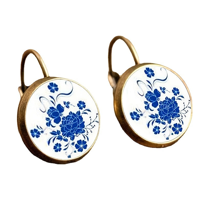 Chinese Style Time Gemstone Flower Porcelain Earrings Ear Hook