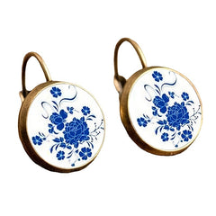 Chinese Style Time Gemstone Flower Porcelain Earrings Ear Hook
