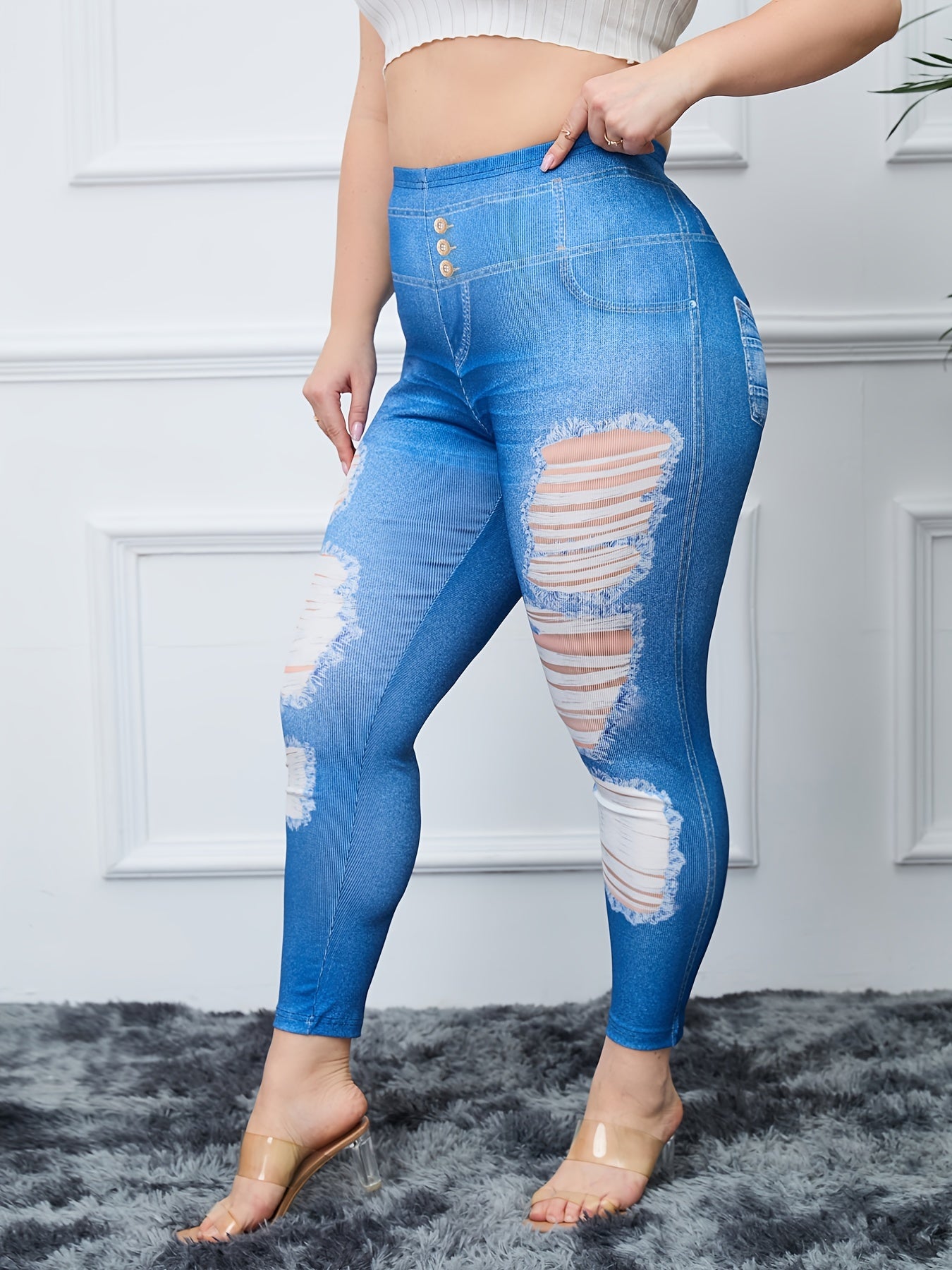 Ripped & Denim Print High Rise Skinny Leggings Women's Plus