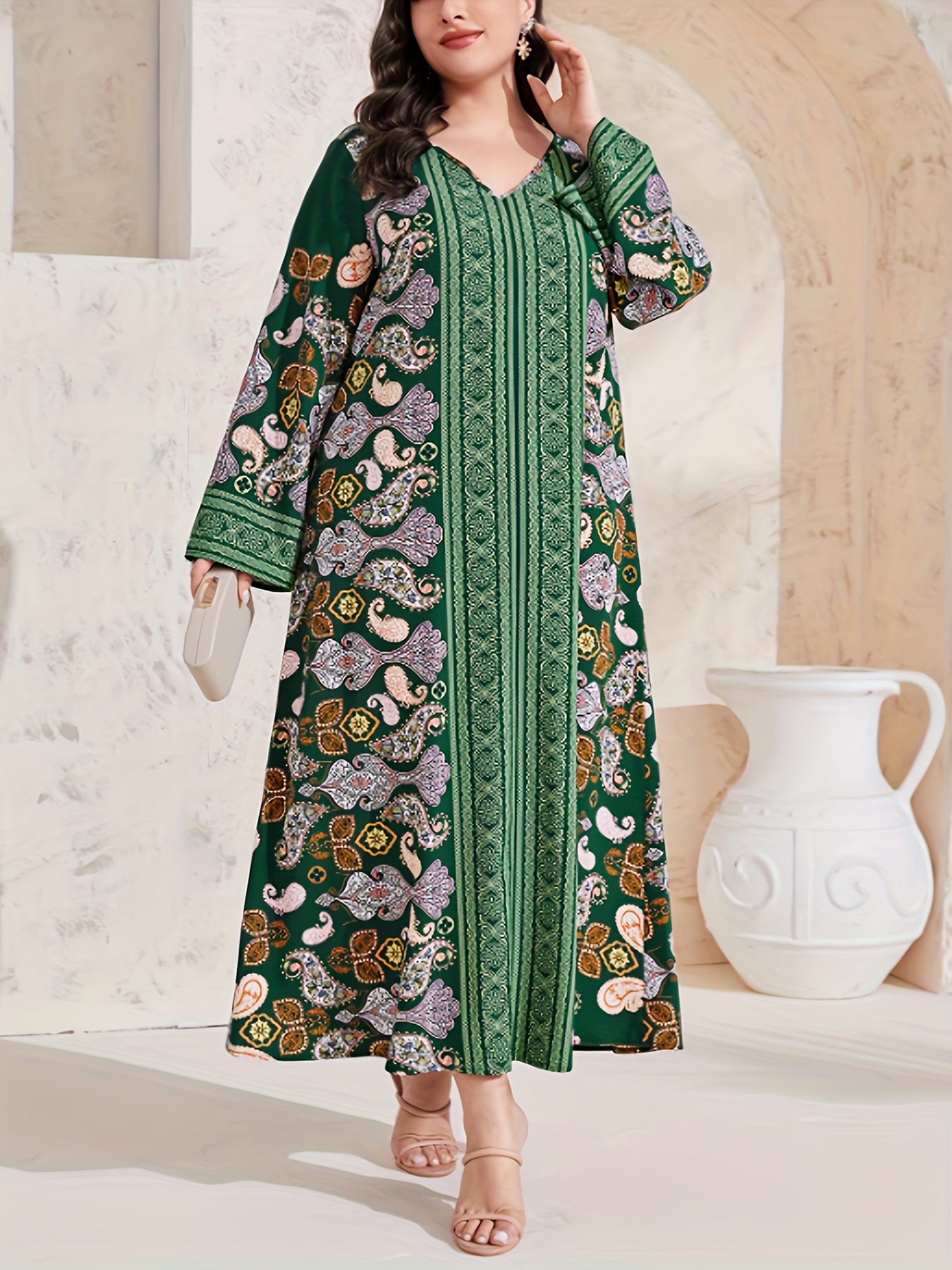  Abaya Dress Women's Plus Paisley Floral Geometric Print Long Sleeve