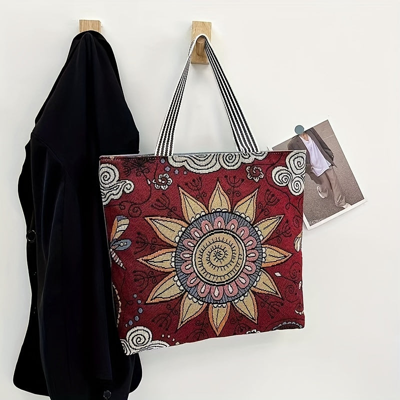 Floral Embroidered Tote Bag Canvas Shoulder Bag Large Capacity