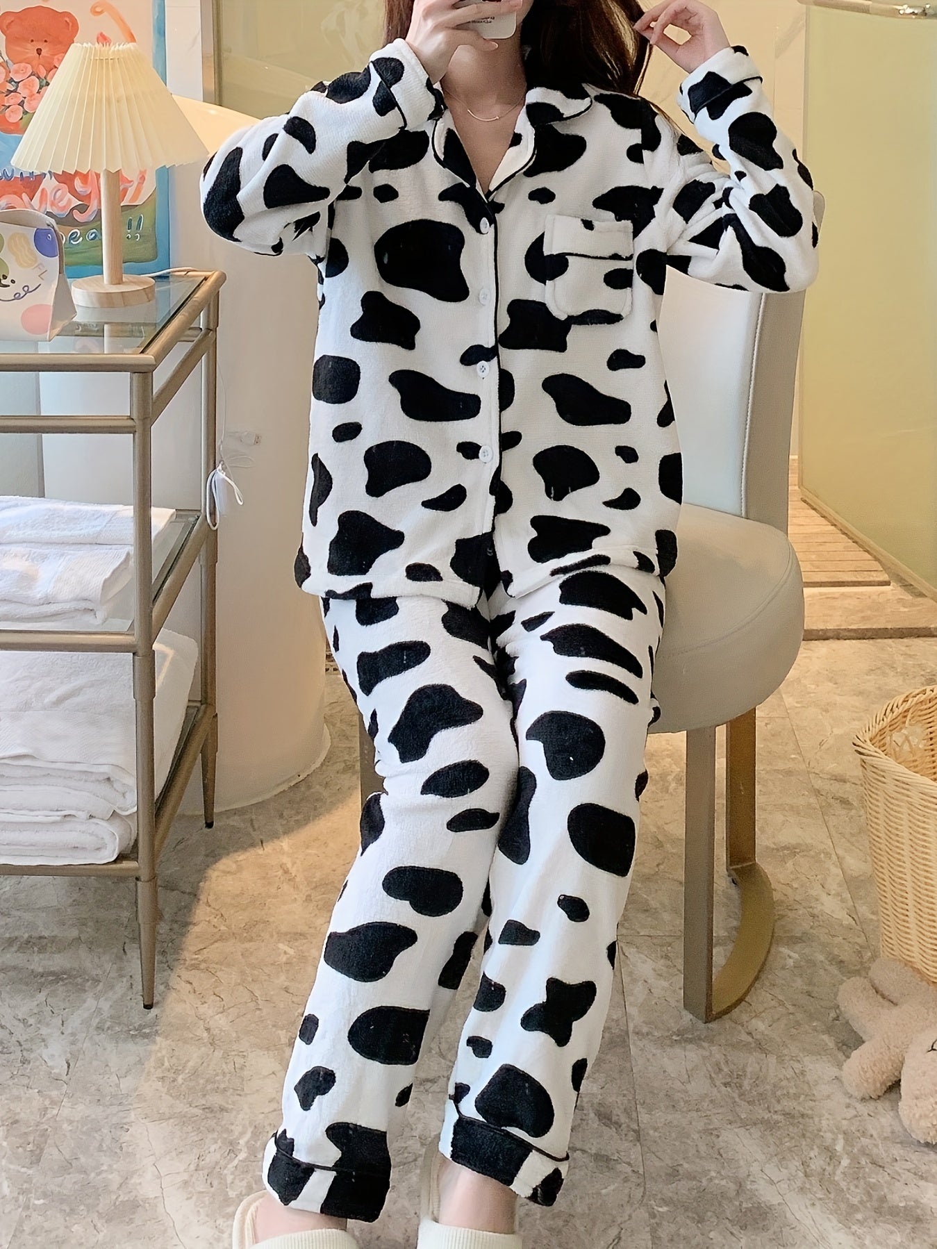 Cow Print Pajama Set Long Sleeve Top & Pants Women's Sleepwear