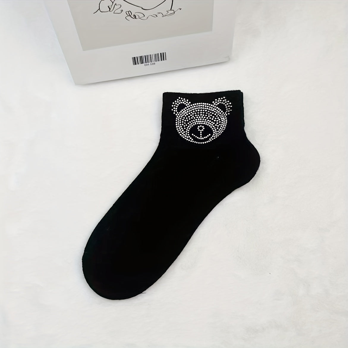 5 Pairs Cartoon Bear Rhinestone Socks Comfy Short Socks