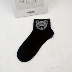 5 Pairs Cartoon Bear Rhinestone Socks Comfy Short Socks