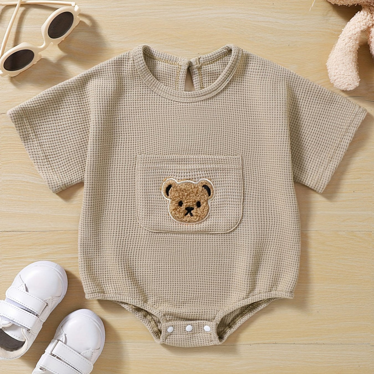 Baby Girls Romper Knit Clothes Waffle Bear Pocket Onesie