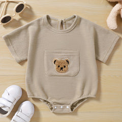 Baby Girls Romper Knit Clothes Waffle Bear Pocket Onesie