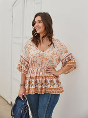 Boho Blouse Women's Floral Print V Neck Peplum Top
