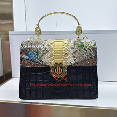 Vintage Leather Handbag Snake Print Shoulder Bag with Wristlet