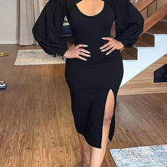  Sexy Dress Women's Plus Solid Lantern Sleeve Cut Out Round Neck Bodyco