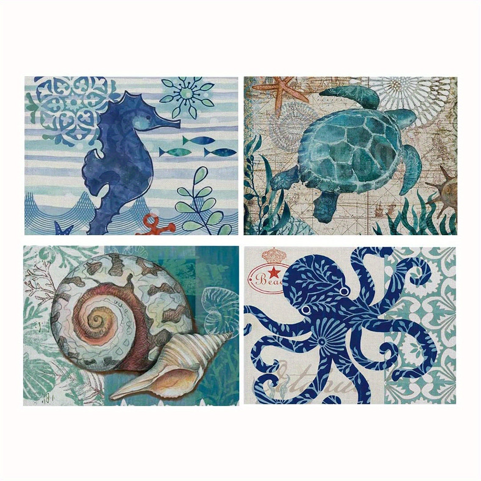 4pcs Vintage Ocean Style Linen Placemat Summer Sea Theme Table Mat