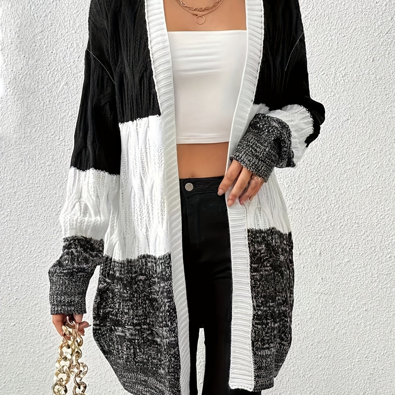  Colorblock Cable Long Sleeve Cardigan
