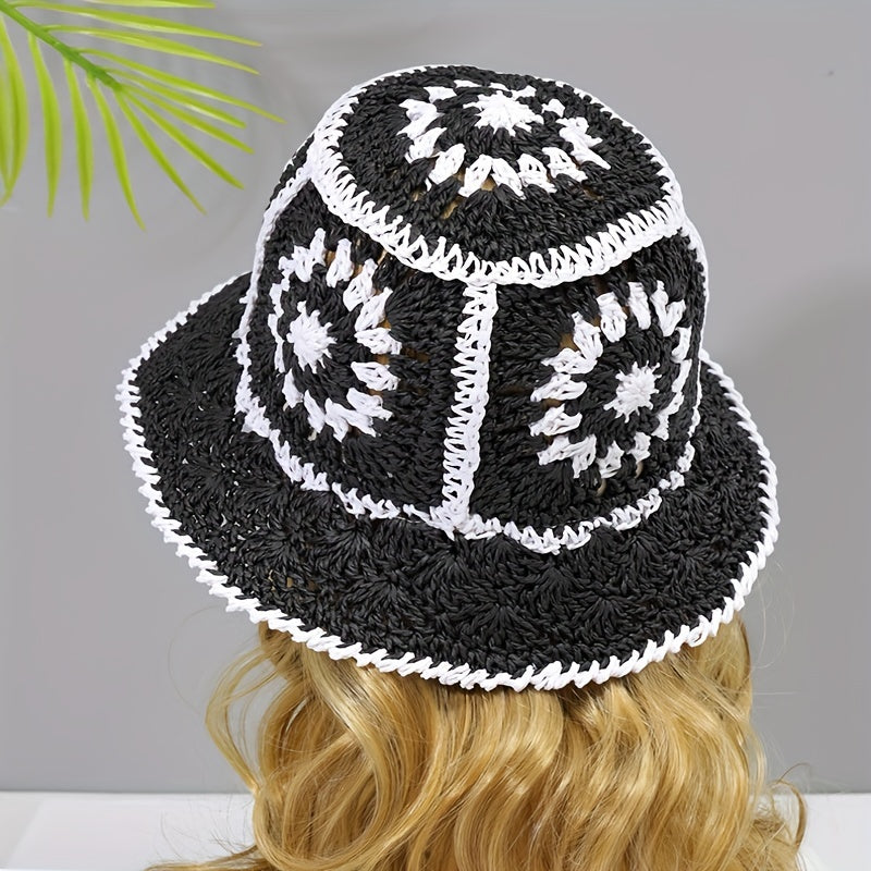 Women's Hollow Straw Bucket Sun Hat for Outdoor Travel Beach