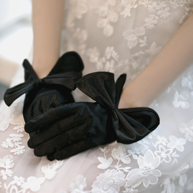 Bride Short Satin Elastic Big Bow Wedding Gloves Red Beige