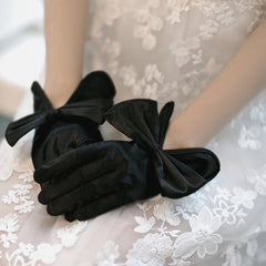 Bride Short Satin Elastic Big Bow Wedding Gloves Red Beige