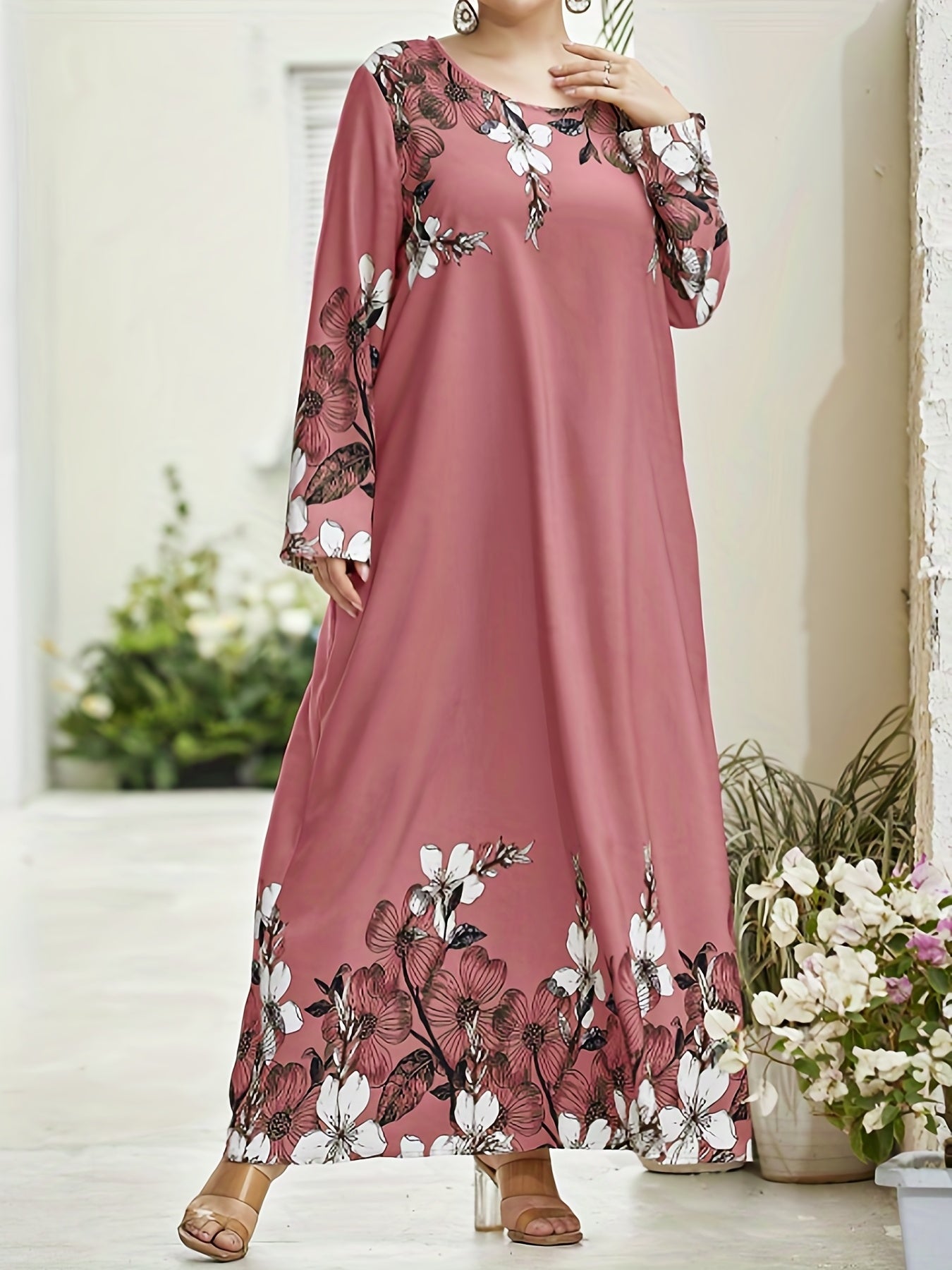  Floral Print Long Sleeve Maxi Abaya Dress for Women
