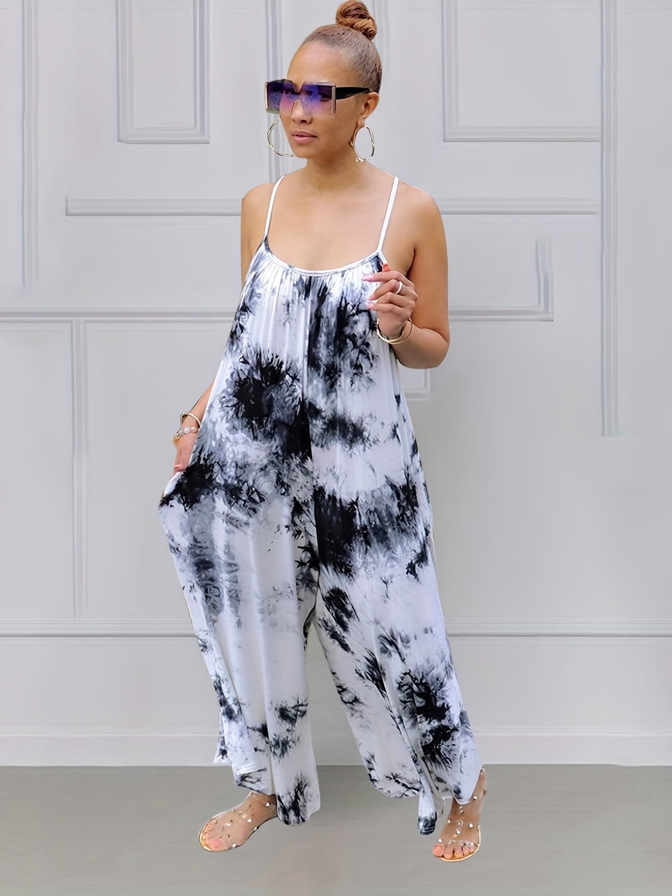  Tie Dye V Neck Wide Leg Jumpsuit