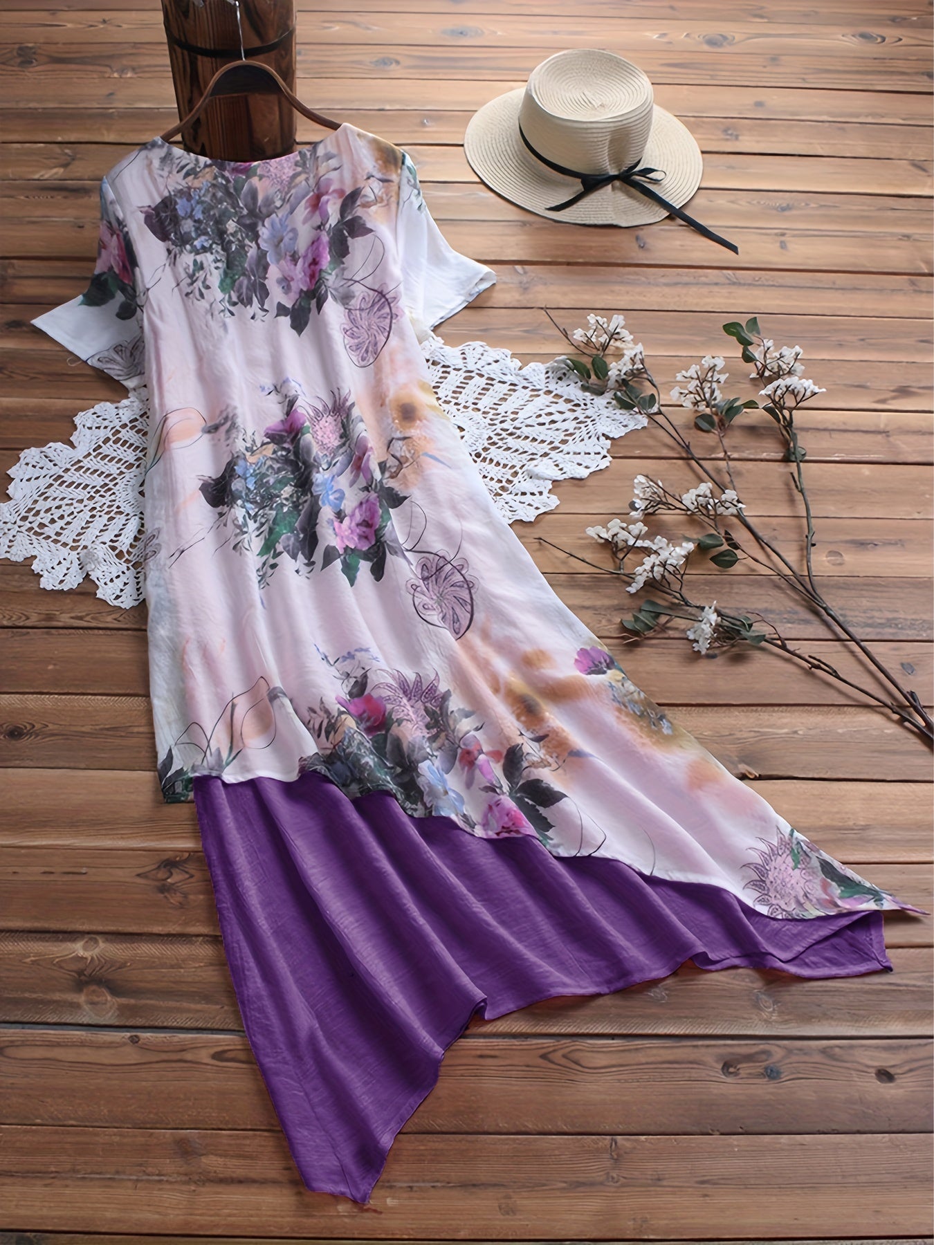 Floral Print Layered V Neck Short Sleeve Dress