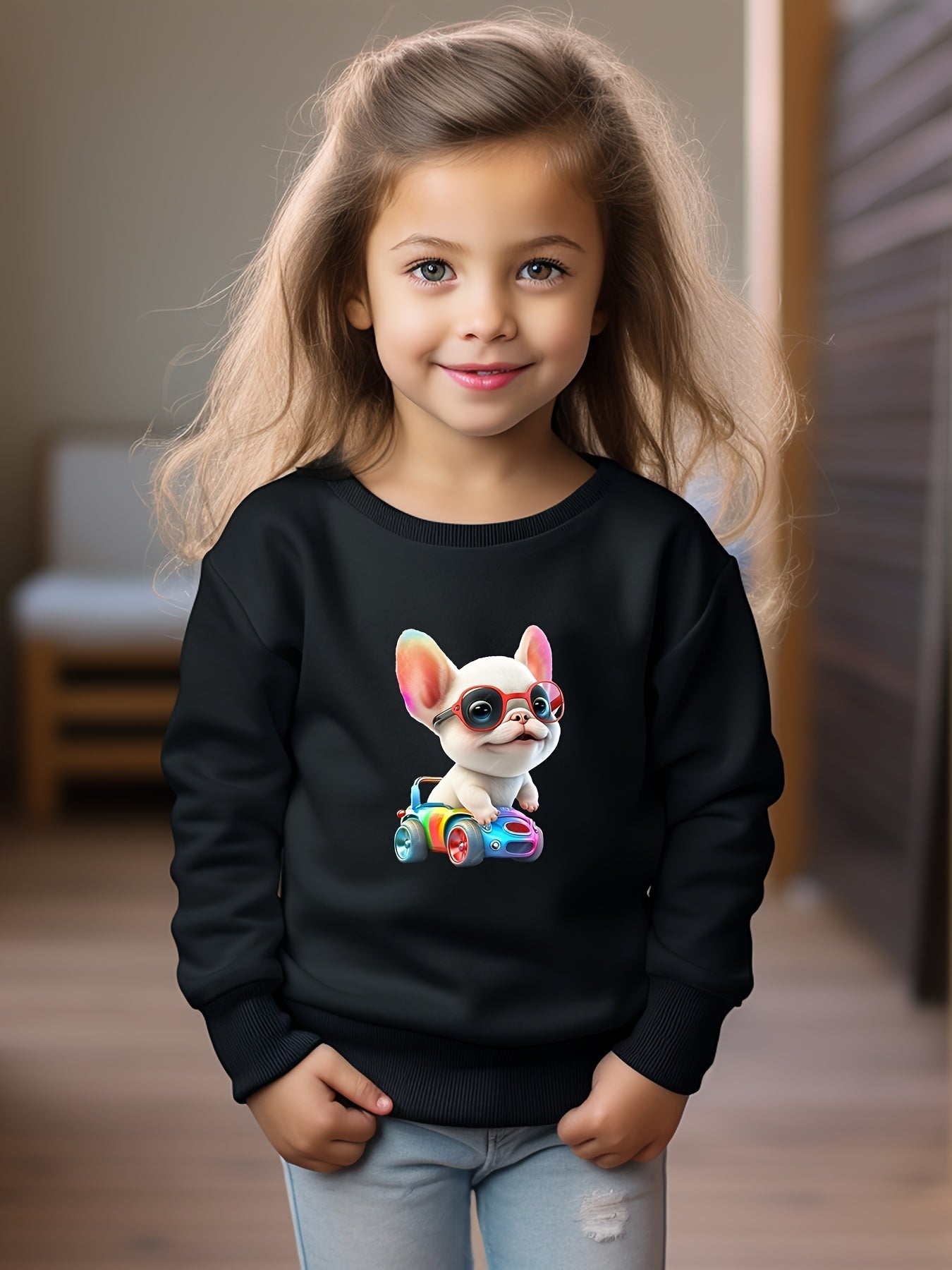 Girls Dog Pattern Crew Neck Sweatshirt For Spring Fall Christmas Gift