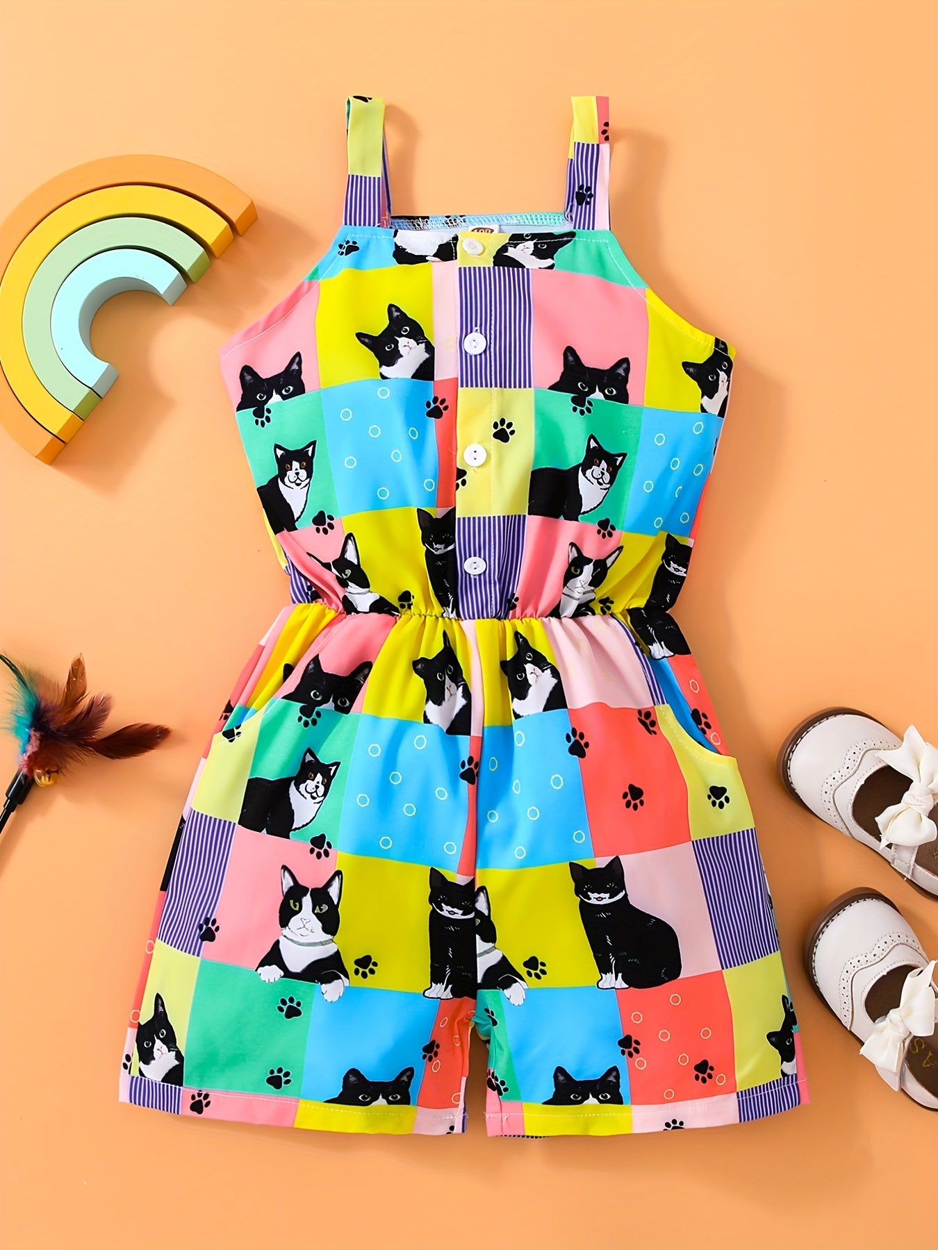 Toddler Girls Cat Plaid Graphic Cami Rompers Jumpsuits