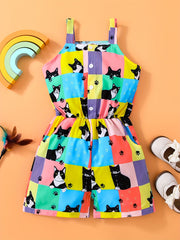 Toddler Girls Cat Plaid Graphic Cami Rompers Jumpsuits