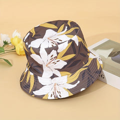 Lily Print Reversible Bucket Hat UV Protection Sunscreen Travel Beach Hats
