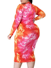  Floral Print Mock Neck Midi Dress