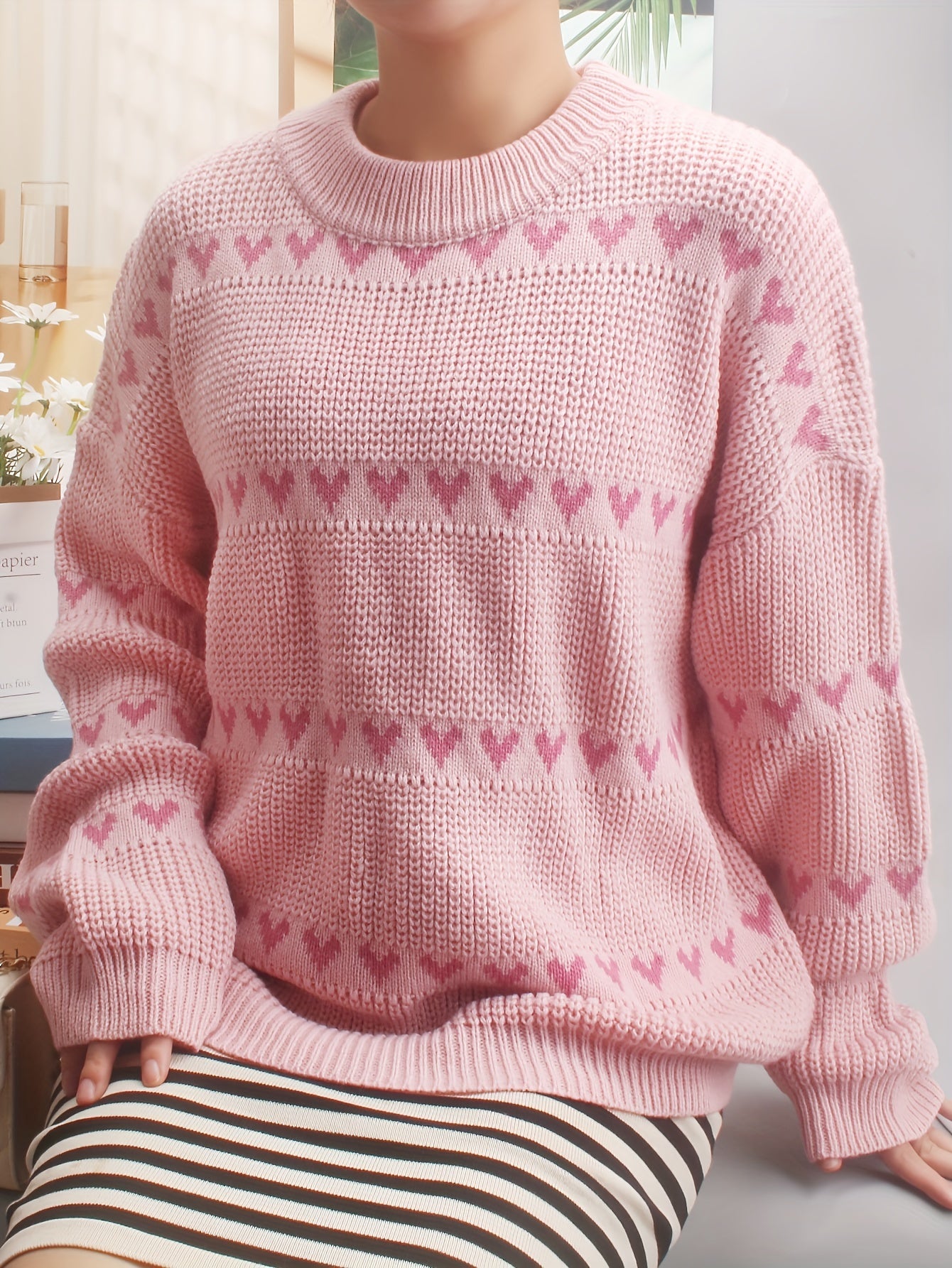  Heart Print Drop Shoulder Sweater